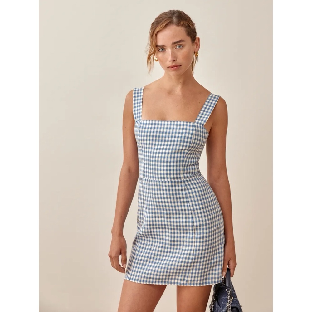 Reformation Brigitte Linen Dress in Azure Check
